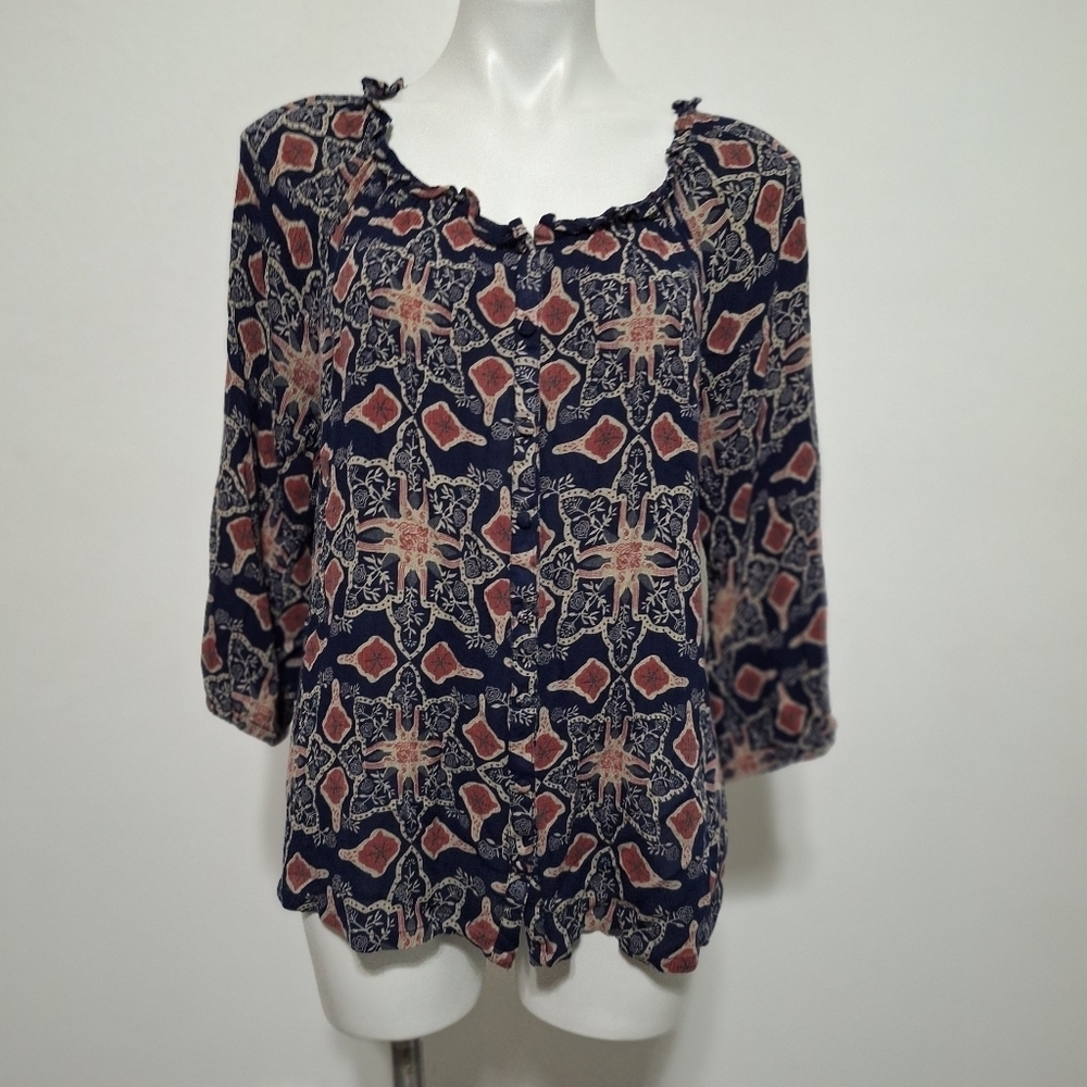Vintage America Blue Multicolor Floral Boho Retro Button Front Blouse Size M